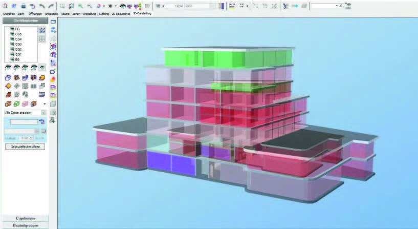 Digitaler Zwilling: 3D-Gebäude in der Software „Lüftungskonzept Wohnen & Gewerbe“.